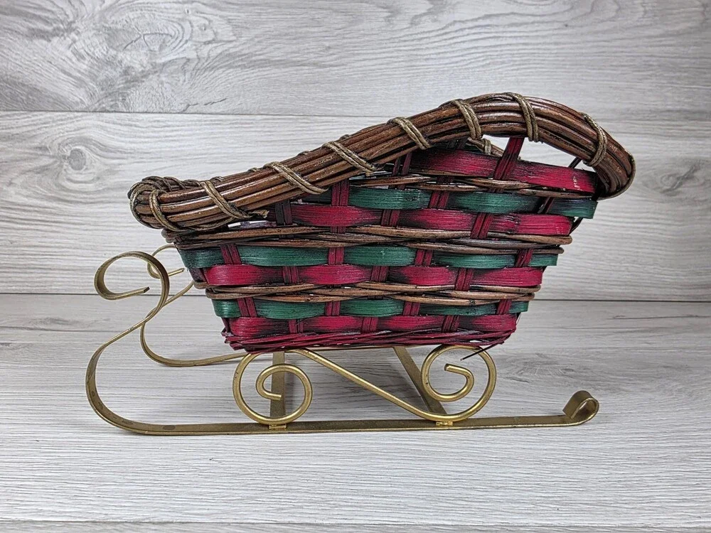Sleigh Basket Christmas Holiday Decor Wicker Metal SU62